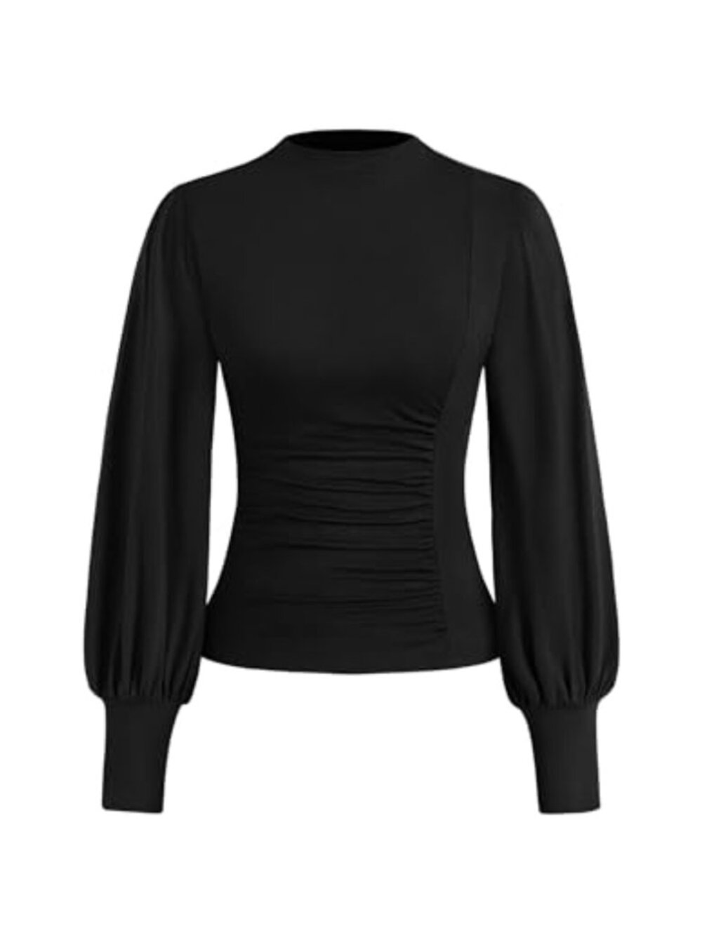 Womens Puff Long Sleeve Mock Neck Ruched Blouse Slim Fit Dressy Casual Top